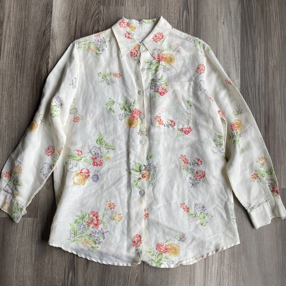 Villager Sport Liz Claiborne Floral Ramie Rayon Button Down Shirt Cream Small